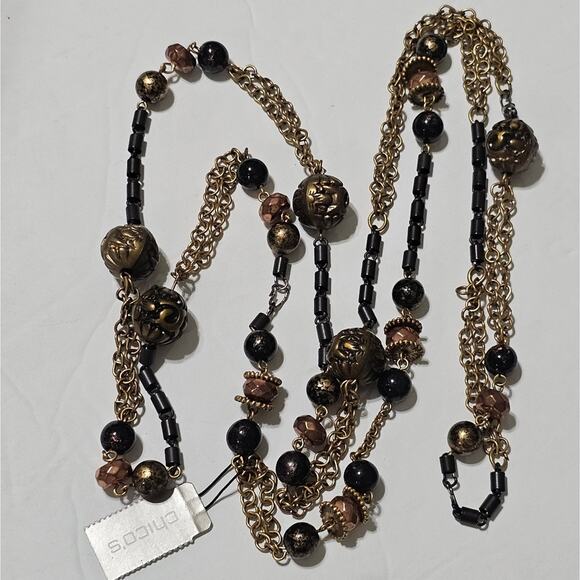 Chico's Bronze, Black, and Antique Gold Ball Link Necklace New! - Picture 1 of 6
